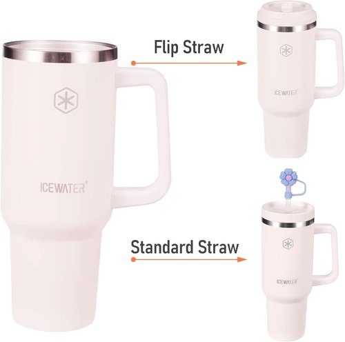 ICEWATER 40 oz Insulated Tumbler - 100% Leak Proof with 2 Lids & Handle | Rose Quartz Color