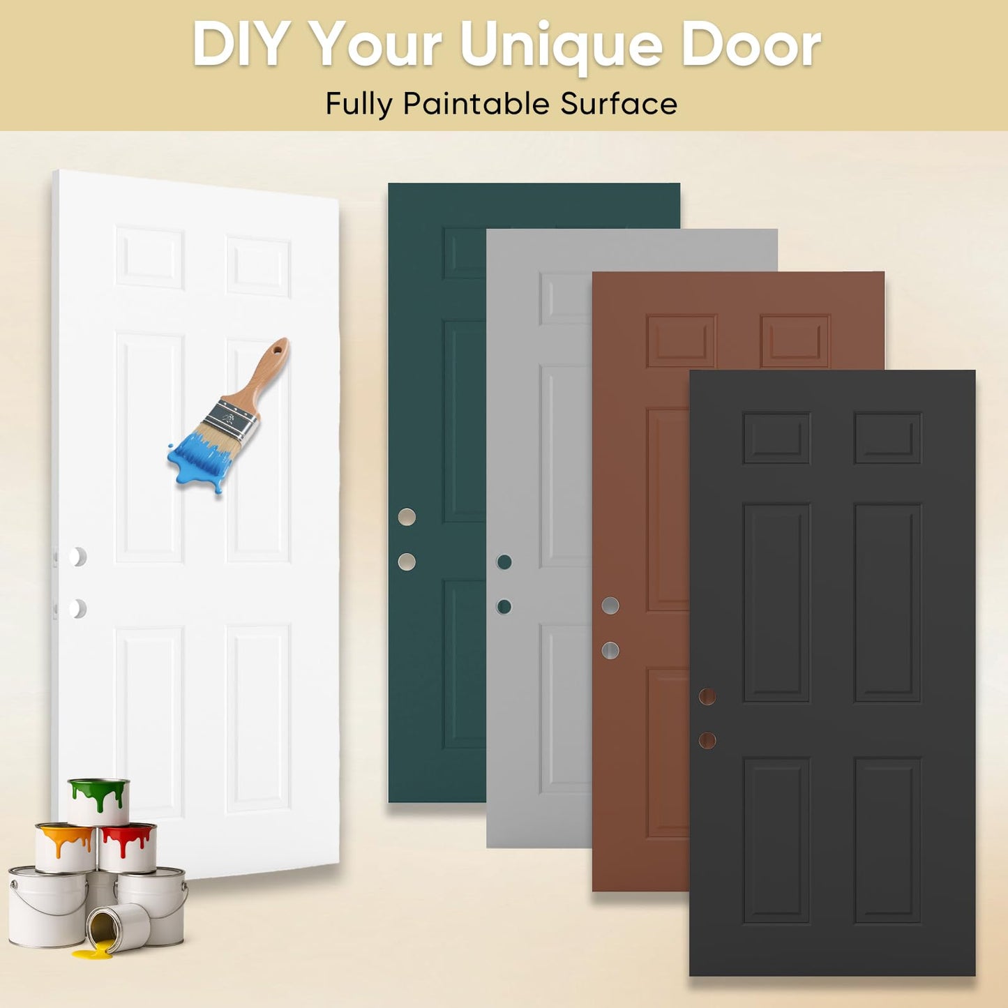 JUBEST 36"x80" Steel Front Door,Premium 6-Panel White Primed Exterior Door Slab with Lockset Hole,Energy Efficient Polyurethane Core for Sound & Thermal Insulation,Reversible Handing, Ready to Paint