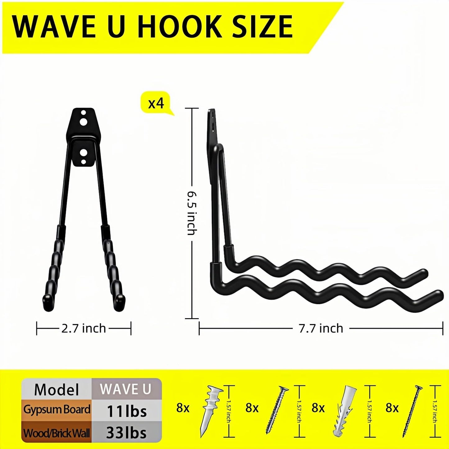 Tebgeag 4 Pack Garage Hooks Heavy Duty with Anti-Slip Coating, Steel Utility Wave Hooks for Hanging Ropes, Bikes, Garden Tools, Hoses and More (Black)