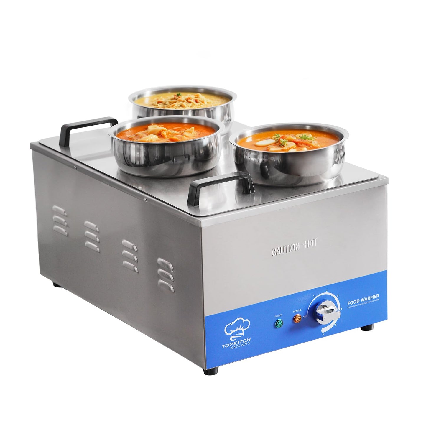 TOPKITCH ETL Listed Commercial 12L Soup Warmer with 3×4L Pot Buffet Bain Marie,Commercial Electric Food Warmer-120V 200W, Seamless One-Piece Tank, 30-85℃ Adjustable Temp Range.