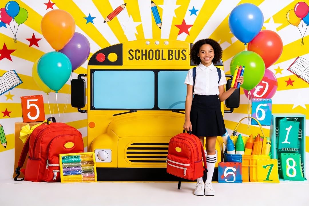 Kate Backpack Props,7x5ft Back to School School Bus Balloons Crayons Backdrop Photo Background Studio