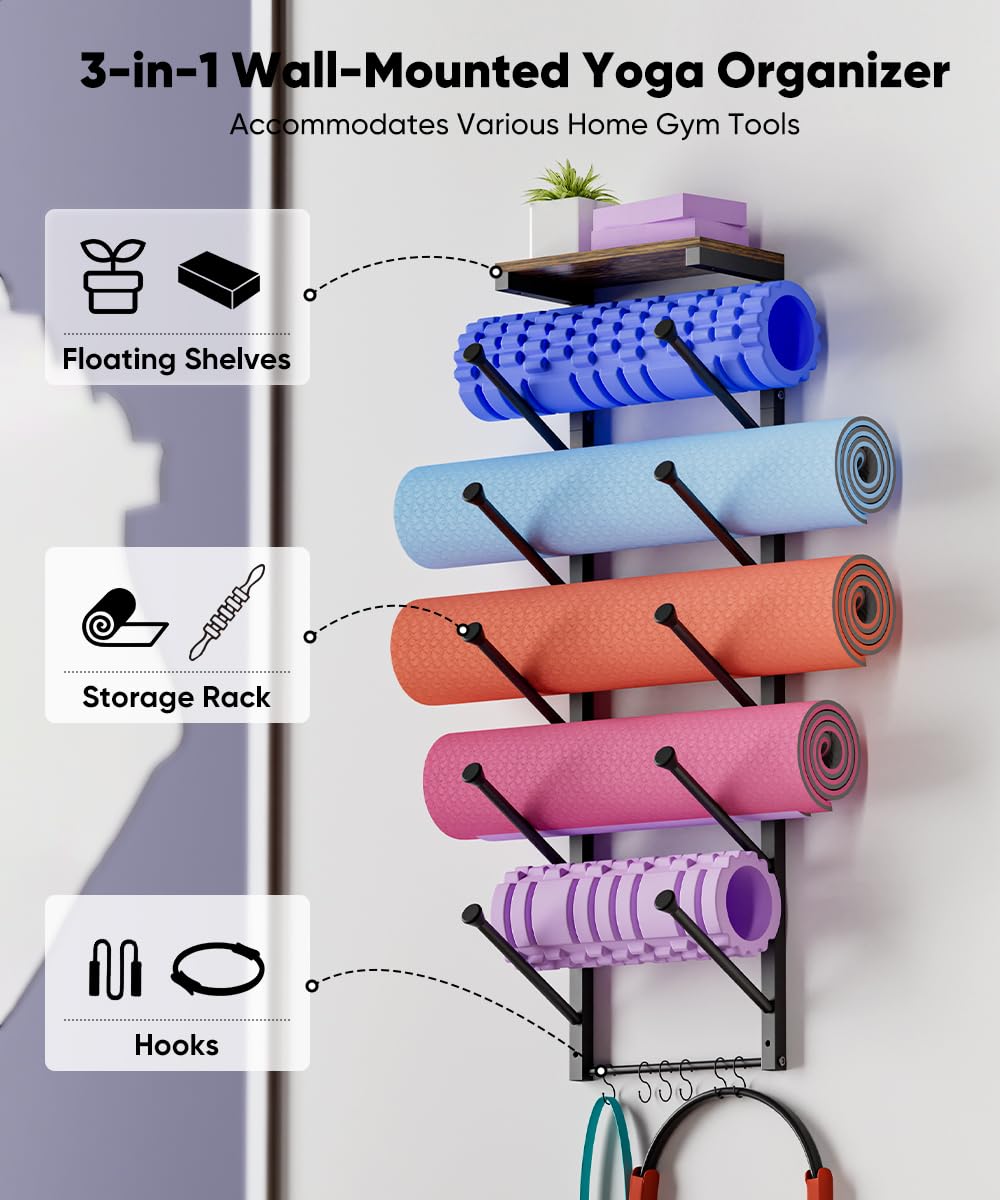 WAALIJI 5 Tiers Yoga Mat Holder Rack Wall Mount with 6 Hooks for Hanging Accessory Yoga Strap Foam Rollers Resistance Bands, Yoga Mats Organizer with Floating Shelf for Home Gym Storage Fitness, Black