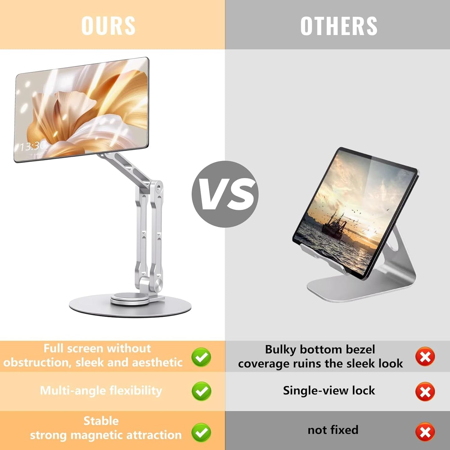 Msounehna 360 Magnetic iPad Stand for Desk, Foldable Aluminum Alloy Tablet Holder with Adjustable Base | Ergonomic