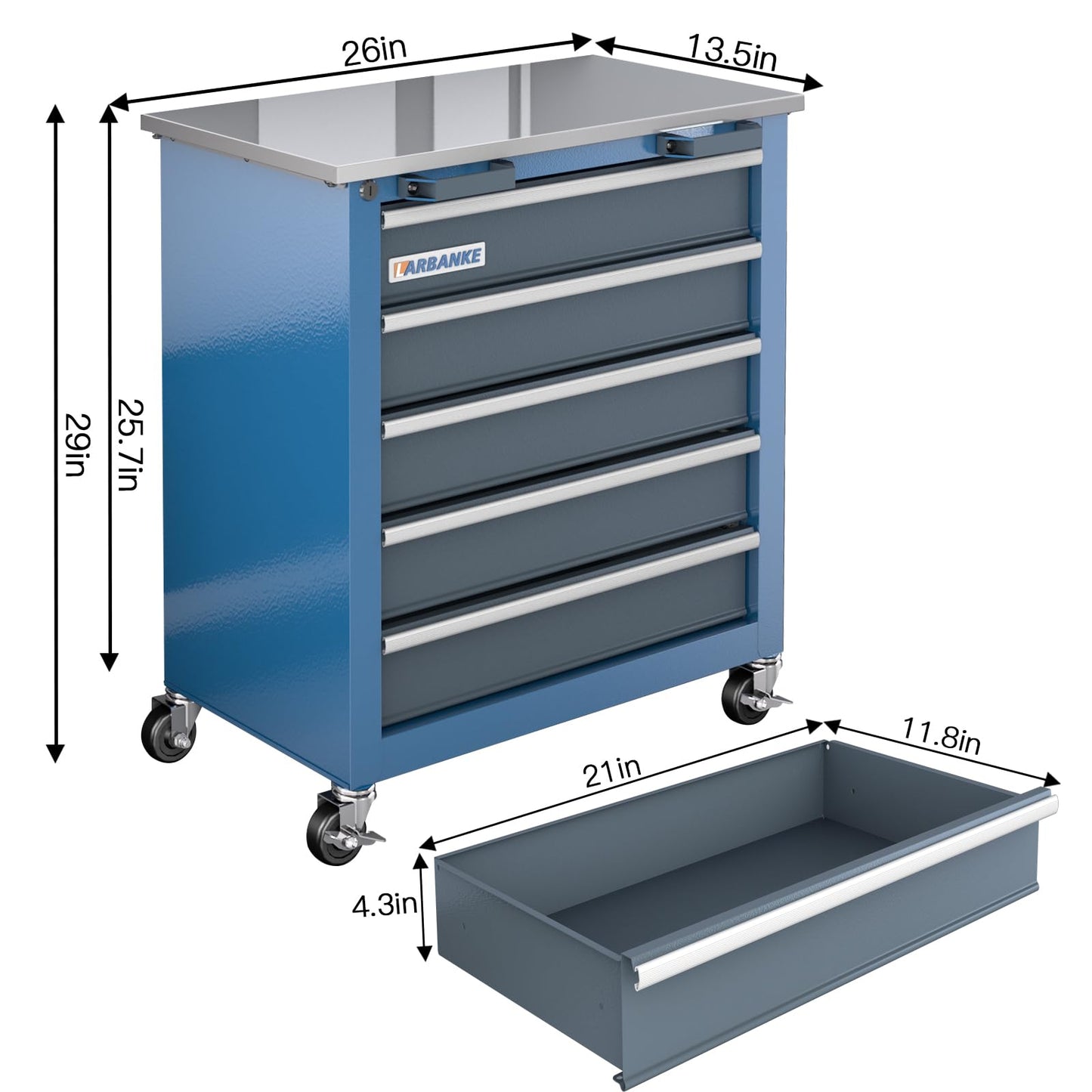 LARBANKE 5-Drawer Rolling Tool Chest with Stainless CounterTop,Tool Chest with Keyed Locking System, with Wheels and Foot Pads,Rolling Tool Cabinet with Drawer Liners,Unique Link Buckle for Connecting