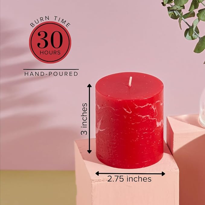 Simply Soson Red Rustic Texture Pillar Candles 3x3 inch - Set of 3 - Unscented Decorative Red Candles, No drip, Ideal as Large Candles for Home Decor, Weddings, Holidays