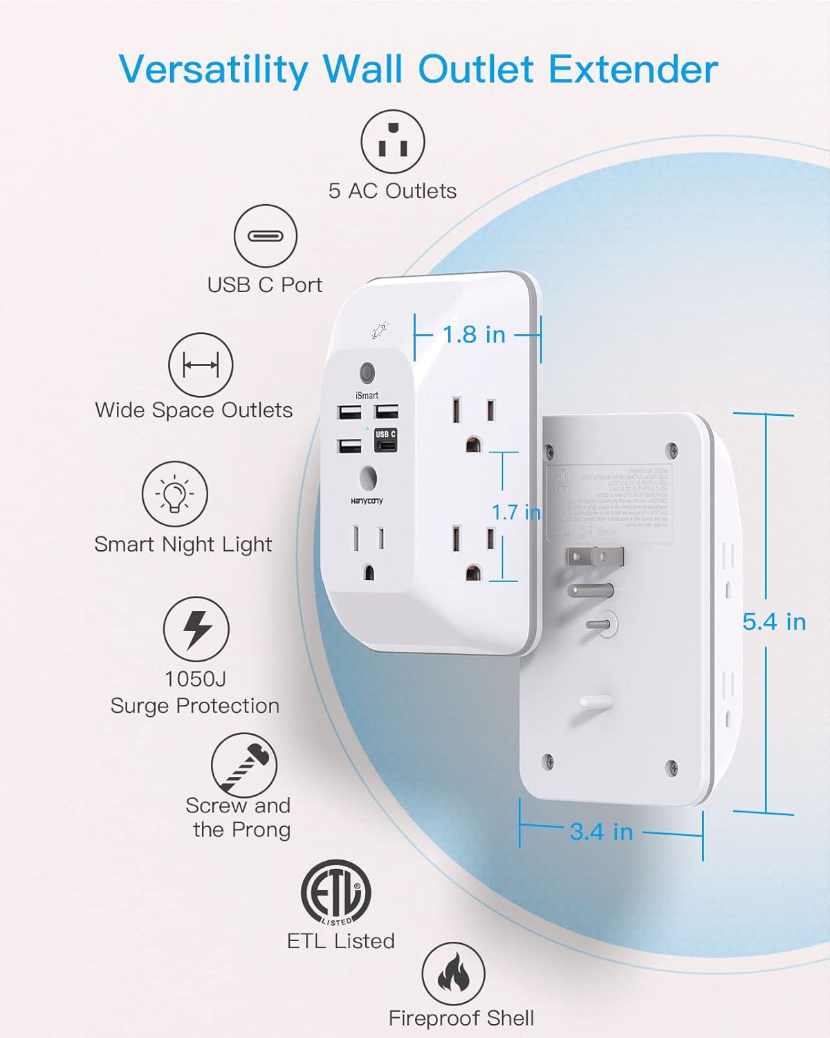 HANYCONY 4 Ports(1 Outlet Extender with Night Light, Multi Plug Outlet, USB Wall Charger Surge Protector USB USB C)