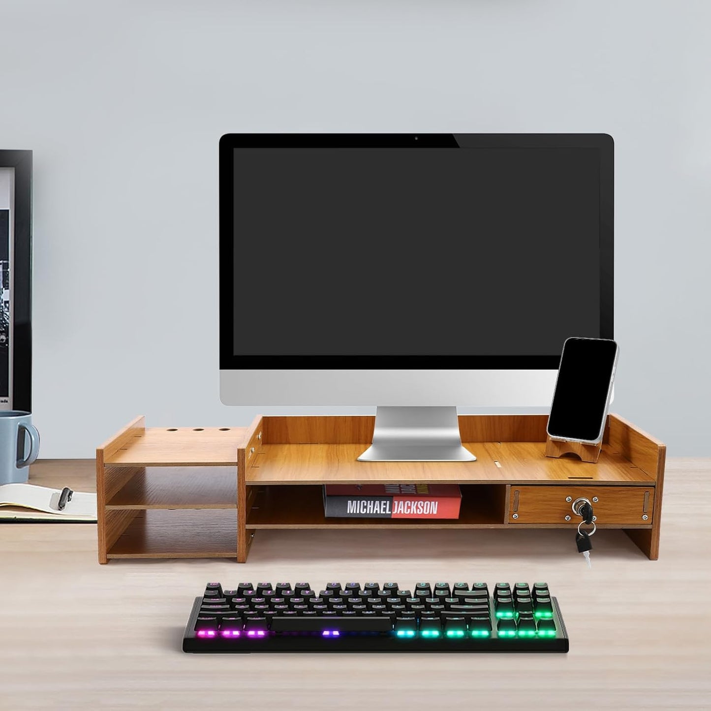 Computer Monitor Stand, Tabletop Computer Rack with Lockable Drawer, Wood Monitor Stand, Suitable for Study, Office