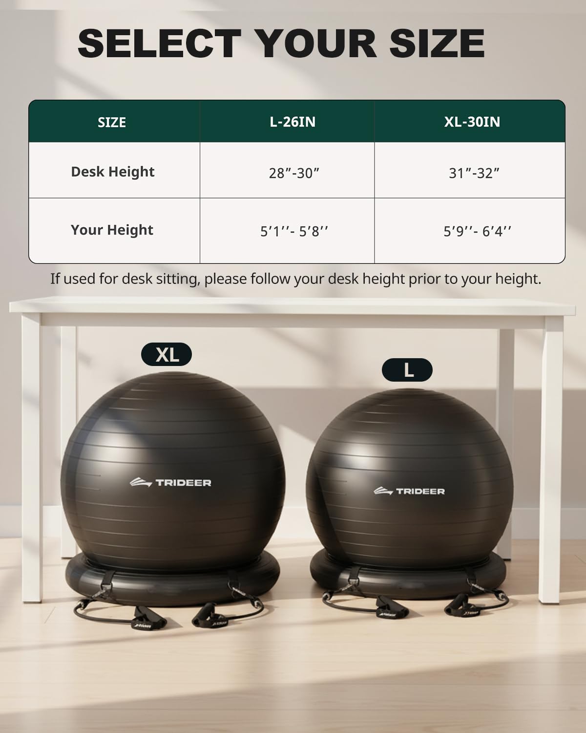 Trideer Exercise Ball Chair with Base & Resistance Bands for Home Gym, Stability Ball Seat for Core Workout and Back Support