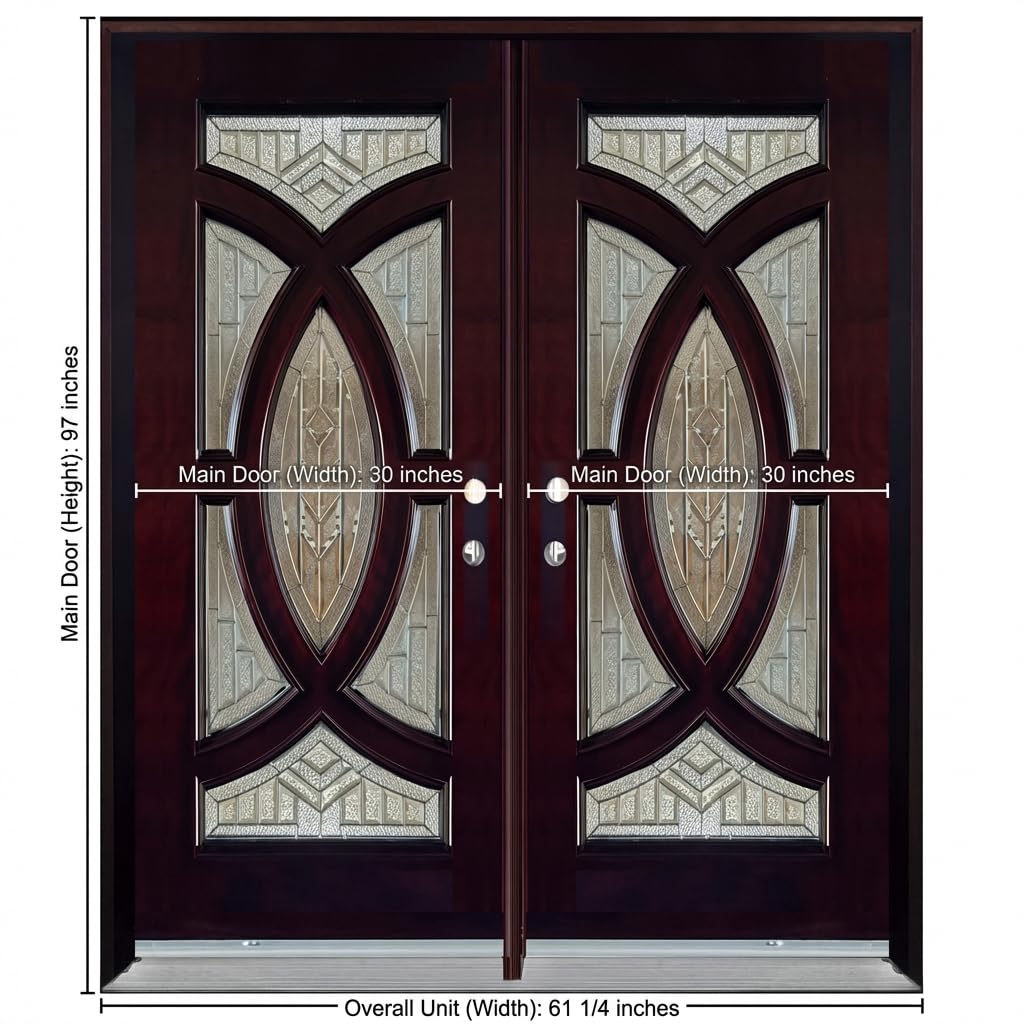 BGW Doors - Exterior Wood Door with Decorative Glass Pre-Hung Pre-Finished Entry Double Door M705- Lefthand Swing 61 1/4" X 97" X 5 1/4"
