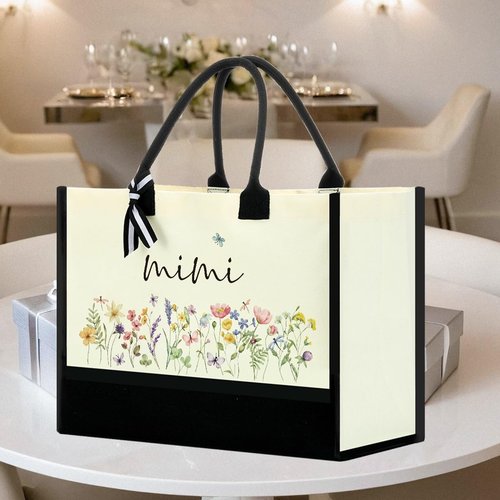 CYZCYZ Mimi Gifts Gifts for Mimi Grandma Practical Gift for Grandma Canvas Tote Bag Ideas First Time for Women Birthday Christmas Flower Reusable Beach Bag Shopping Bags