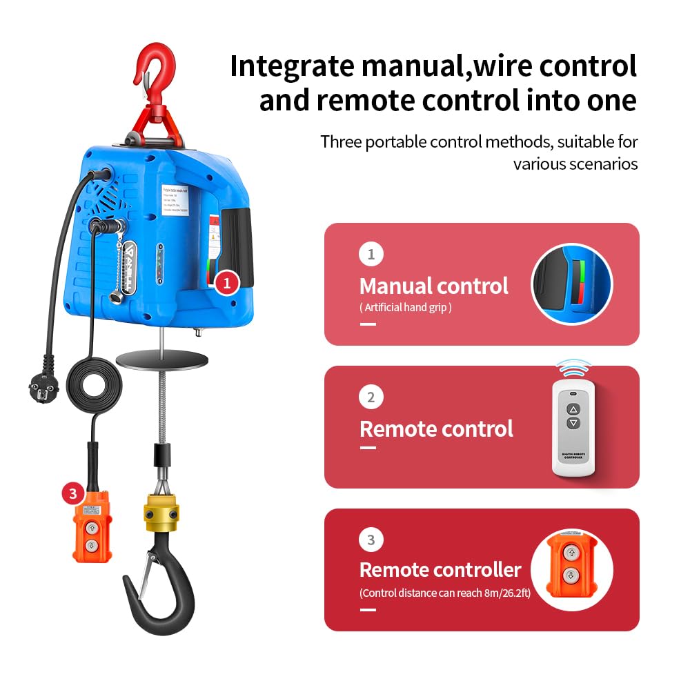 ANBULL Upgraded 3 in 1 Electric Hoist Winch 1100LBS, 1500W 110V Electric Winch with Wired and Wireless Remote Control, 25ft Lifting Height,Manganese Steel Gear,Galvanized Anti-Rotation Steel Rope