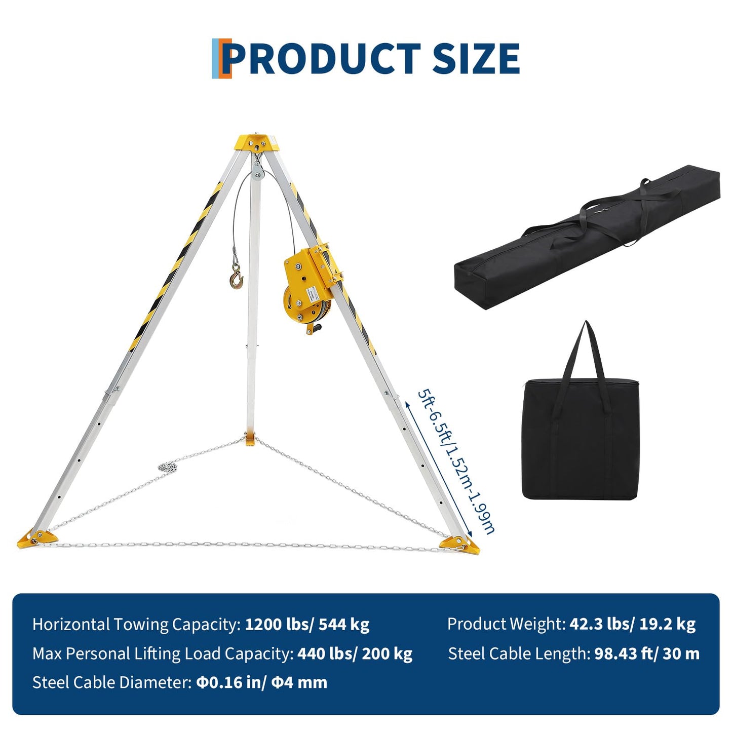 EliteEdge Confined Space Rescue Tripod Kit with 1200 lbs Winch, 6.5 ft Legs, 98 ft Cable and Storage Bag, Steel Construction Rescue Tripod for Traditional Confined Spaces Safety