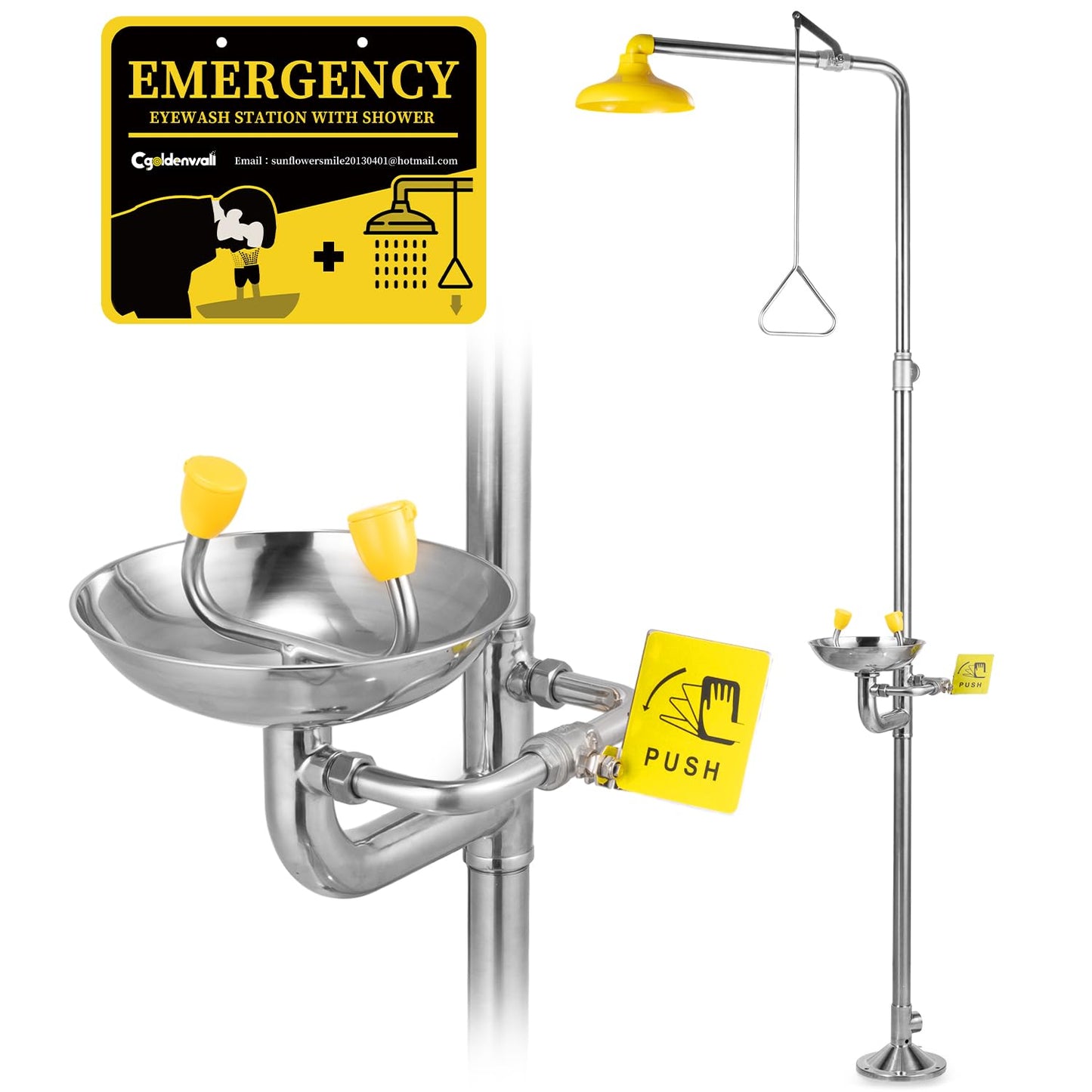 CGOLDENWALL Emergency Shower Eye Wash Station Safety Shower Station Eyewash Station, 304 Stainless Steel, NPT Threads, with Emergency Sign