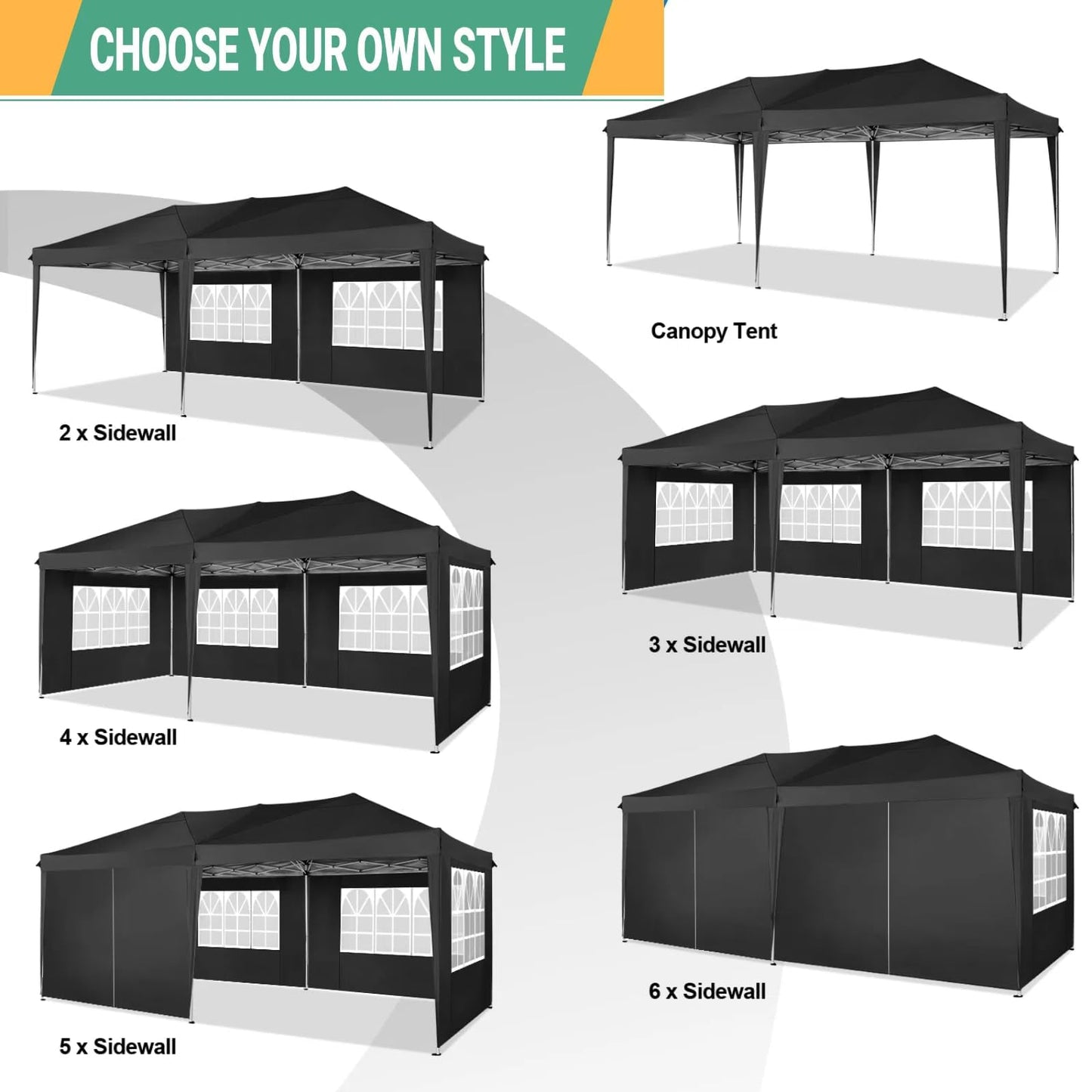 COBIZI Canopy 10x20 Pop Up Canopy Tent with 6 Sidewalls Outdoor Party Tent 10x20 Waterproof Commercial Instant Shelter UPF 50+ Portable Gazebo Wedding Tents for Parties Car Port Vender Events(Black