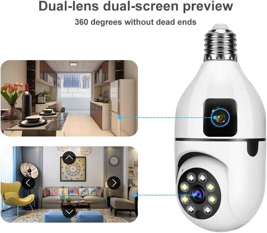 BISHKJOK 6MP Bulb 360 2-Way E27 Dual-Lens Light Security Camera, TUYA Indoor Pan/Tilt WiFi Cam with Auto Tracking