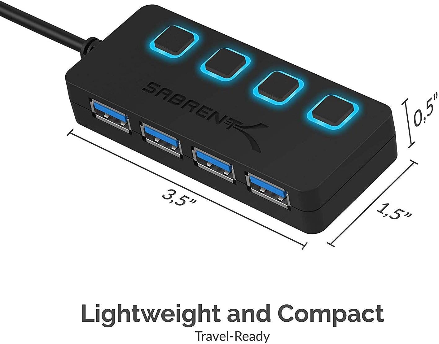 SABRENT 4 3.0 5V/2.5A (HB-UMP3) Port USB Hub with Individual LED Lit Power Switches, Includes Power Adapter