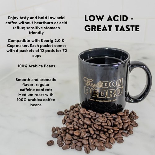 Cafe Don Pedro Donut Mate - Low Acid Coffee K Cups for Sensitive Stomach, 100% Natural Arabica, Light & Medium-Light Roast, Improved Pods - No More Leaks, 72 Count