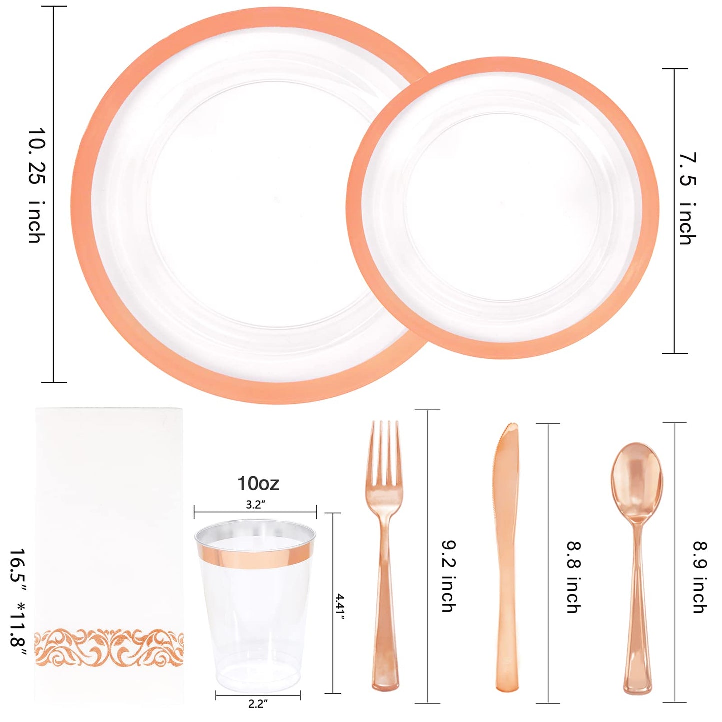 YOUBET 175PCS Rose Gold Plastic Plates - Clear Plastic Plates Disposable with Rose Gold Rim includes 50 Plates, 25Forks, 25Knives, 25Spoons, 25Cups, 25Napkins for Party & Wedding