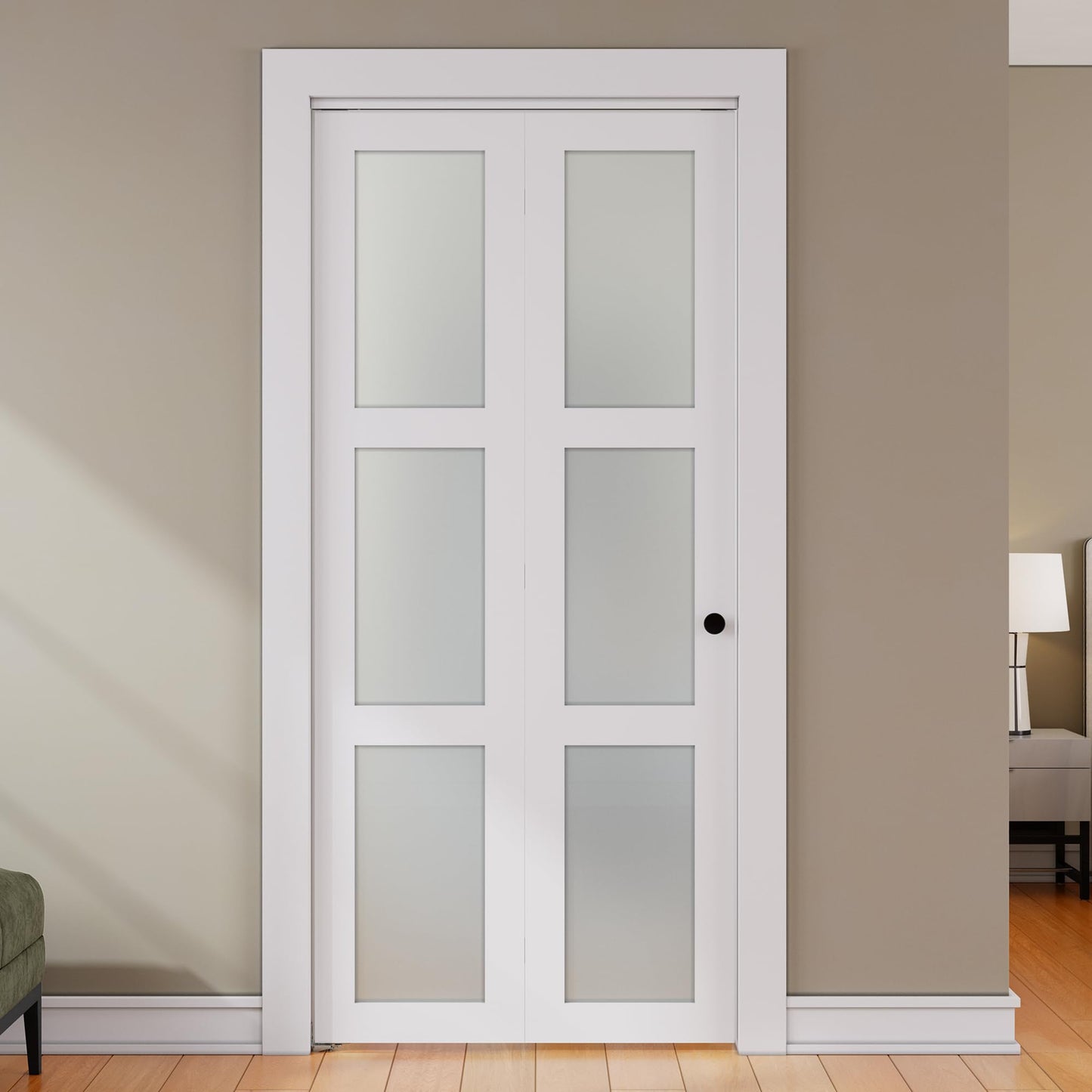 SMARTSTANDARD Bifold Door, for 30"x 80" Opening,Tempered Frosted Glass Closet Folding Barn Door with Hardware Kit, Water-Proof PVC Surface,Easy Install,White