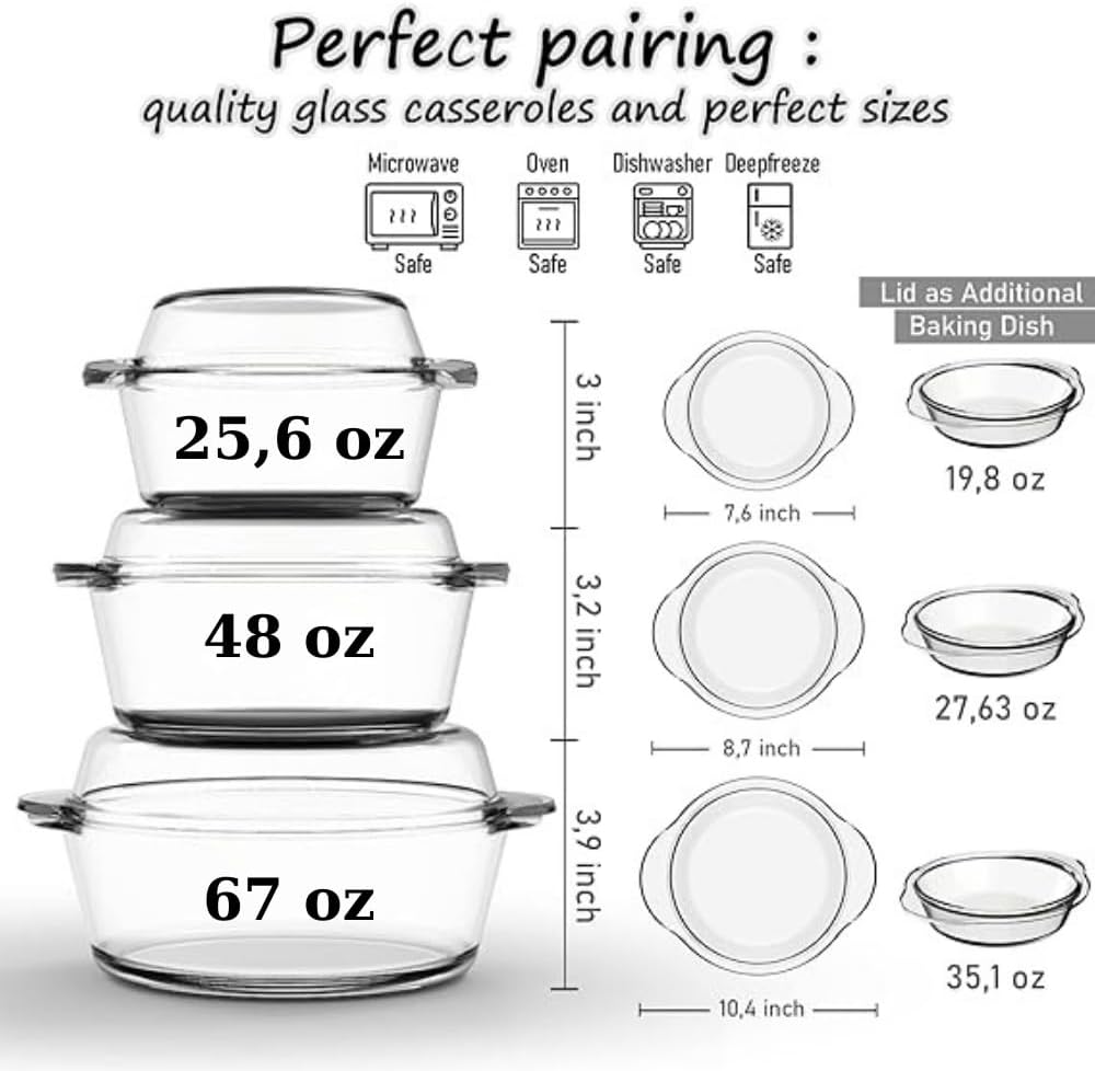 Ums Glass Casserole Set - 6-Piece Borosilicate Bakeware with Lids | Oven & Microwave Safe