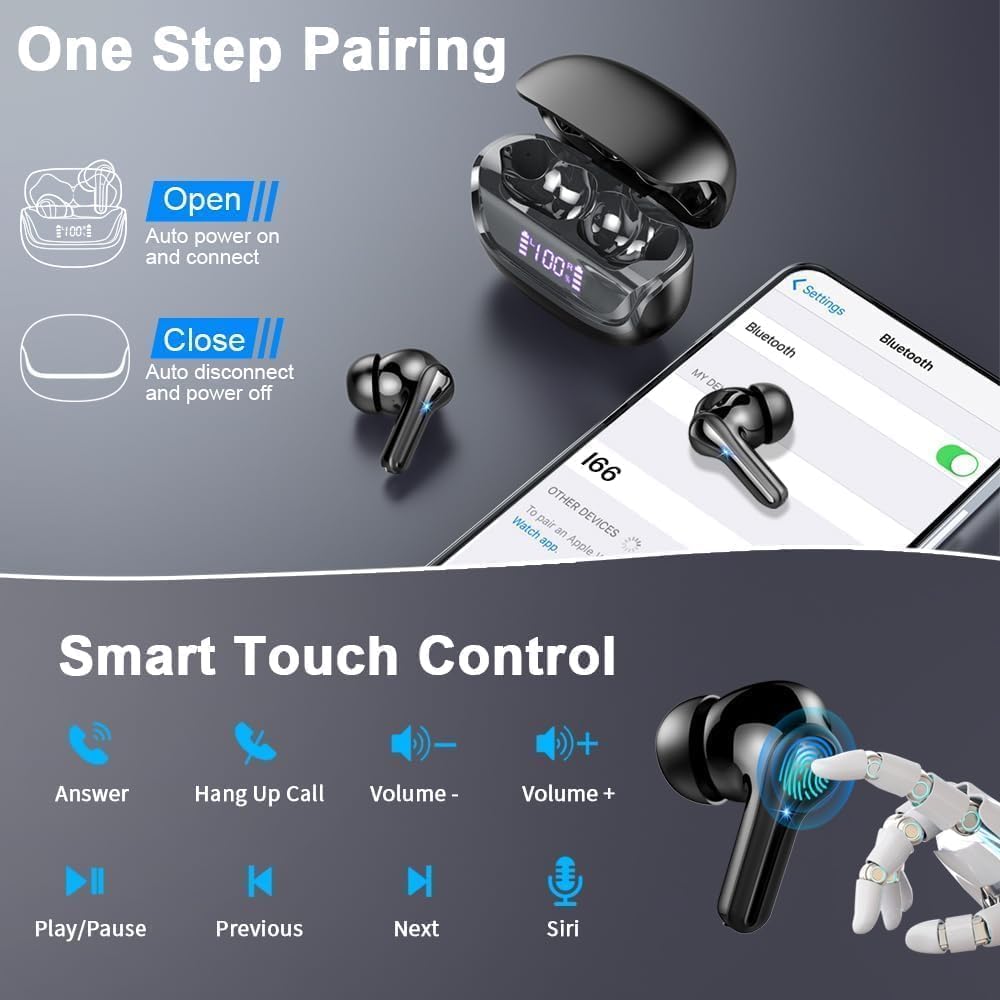 5.4 45H IP7 Wireless Earbuds, Bluetooth Headphones with ENC Noise Canceling Mics, in-Ear Earphones Deep Bass Stereo