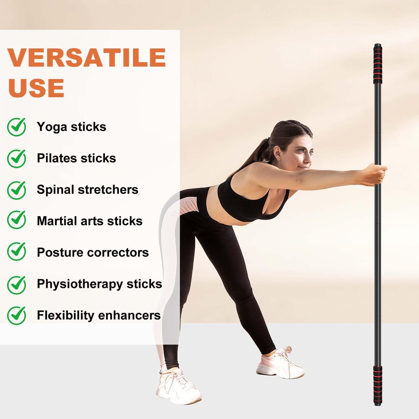 RACOC Yoga Stick Sturdy Steel, 5 Ft Adjustable Stretching Stick for Mobility, Flexibility and Balance, Versatile Exercise Stick with Non-Slip Ends and Foam Handles for Fitness, and Posture