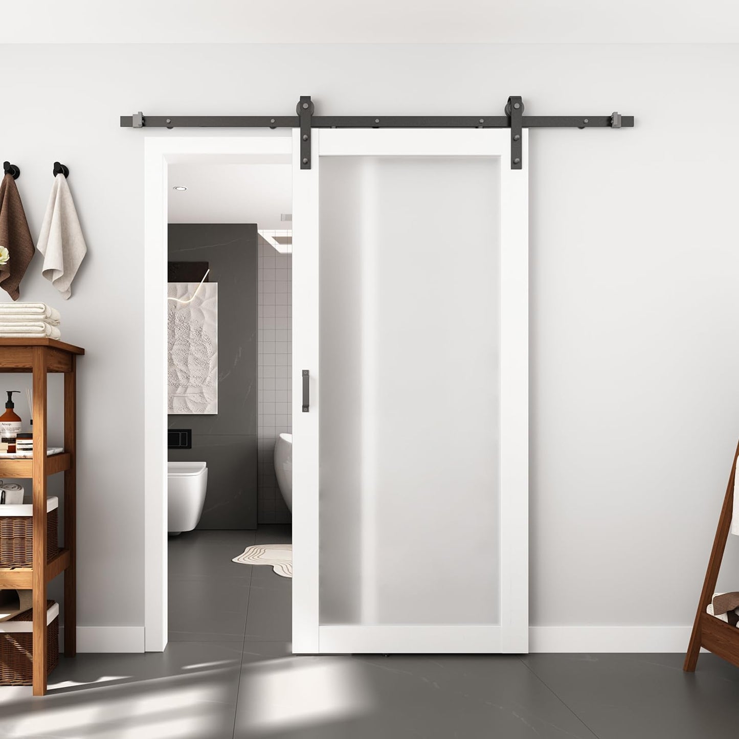BARNSMITH 36in x 80in 1-Lite Frosted Glass White Barn Door with 6.6FT Sliding Door Hardware Kit Included, Tempered Glass Solid Wood Barn Door Water-Proof PVC Surface,No Assembly Required