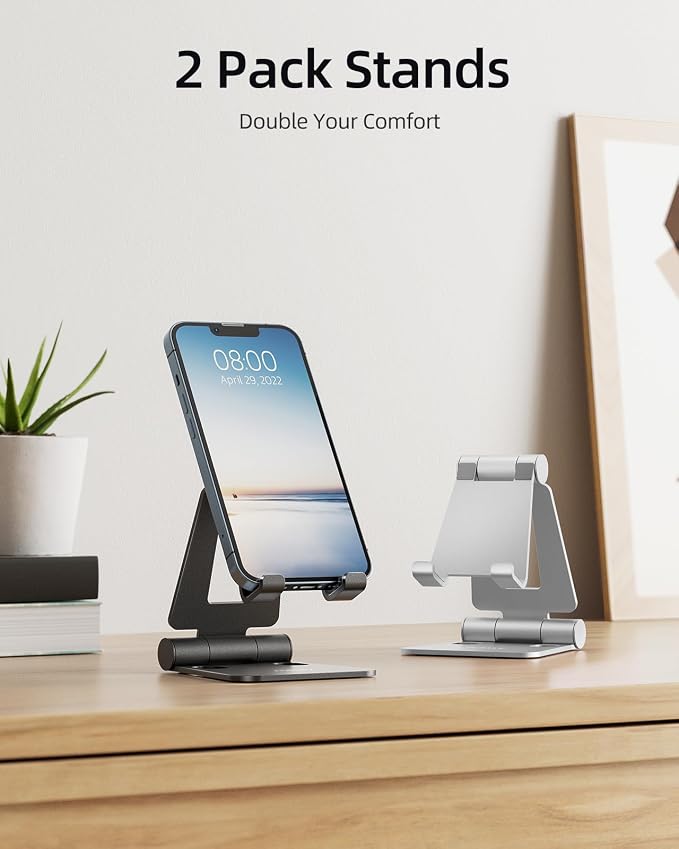 Nulaxy 2 Pack Fully Aluminum Dual Folding Cell Phone Stand, Adjustable Foldable Desktop Phone Holder for Desk Compatible with iPhone 17 16 15 14 13 12 11 Pro Max Xs Xr X 8, All Phones, Black & Silver