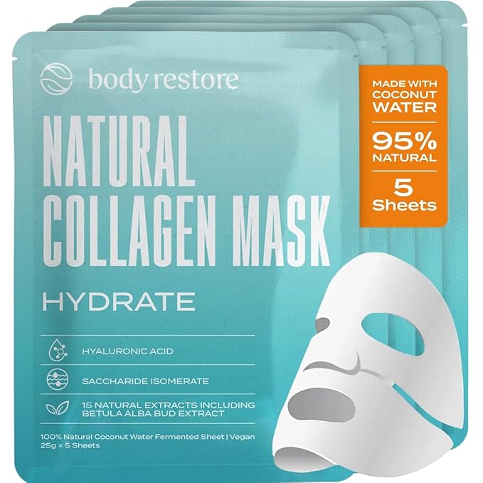 Body Restore Natural Collagen Face Mask 5 Pack ??Korean Skin Care Mask with Fermented Coconut Water, Christmas Stocking Stuffers, White Elephant, Birthday Gifts for Women & Men, Dry Skin - Hydrate