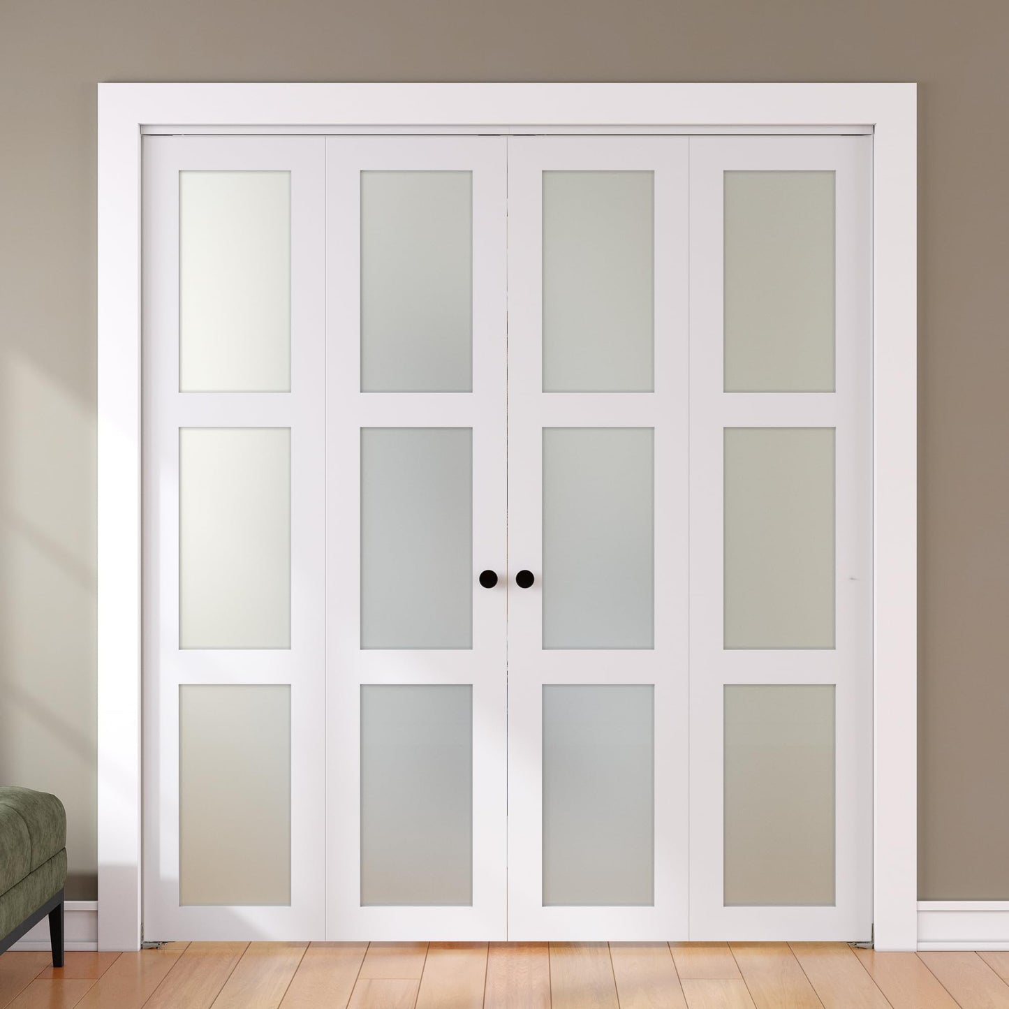 SMARTSTANDARD Bifold Door, for 60"x 80" Opening,Tempered Frosted Glass Closet Folding Barn Door with Hardware Kit, Water-Proof PVC Surface,Easy Install,White