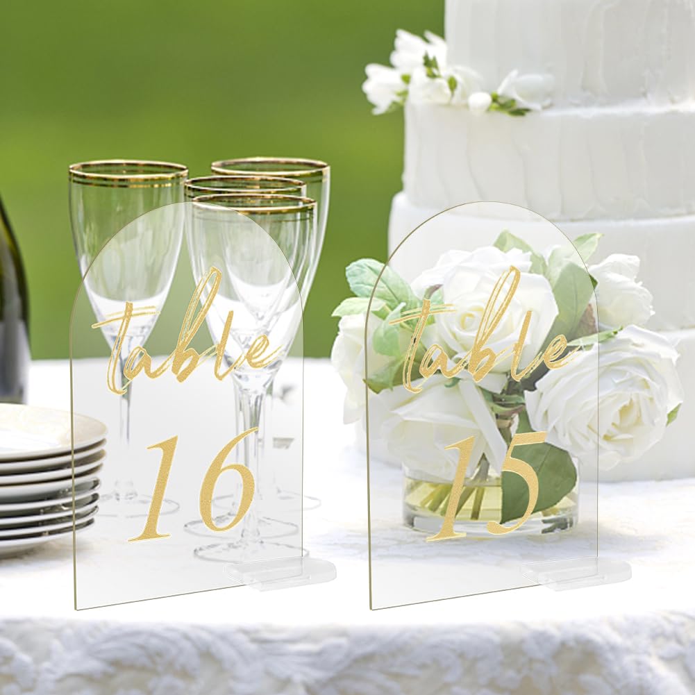 30 Sets Arch Wedding Table Numbers with Stands Gold Printed 1-30 Table Signs Clear Acrylic Table Number Display Stand for Wedding Reception Party Centerpieces Decor (4 x 6 Inch)