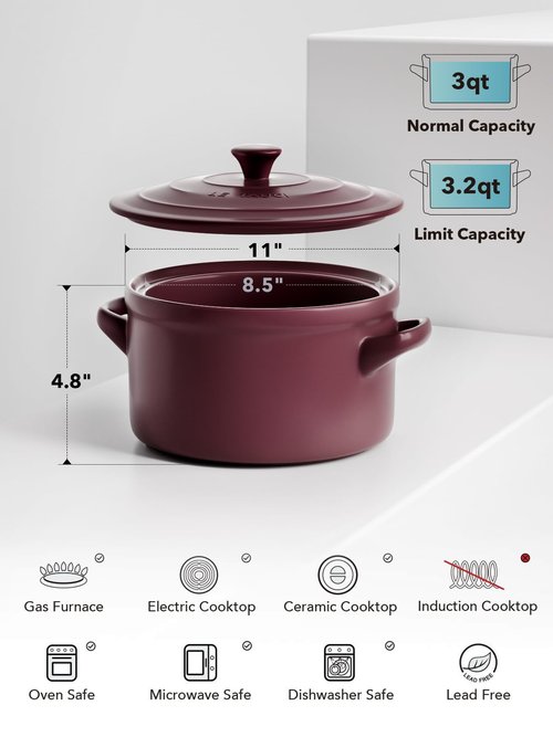LE TAUCI 3 Quart Ceramic Dutch Oven - Lightweight, Non-Toxic, No Seasoning Needed- Oven, Microwave & Dishwasher Safe, Dutch Oven Pot with Lid for Sourdough, Soup & Stew, Burgundy Red