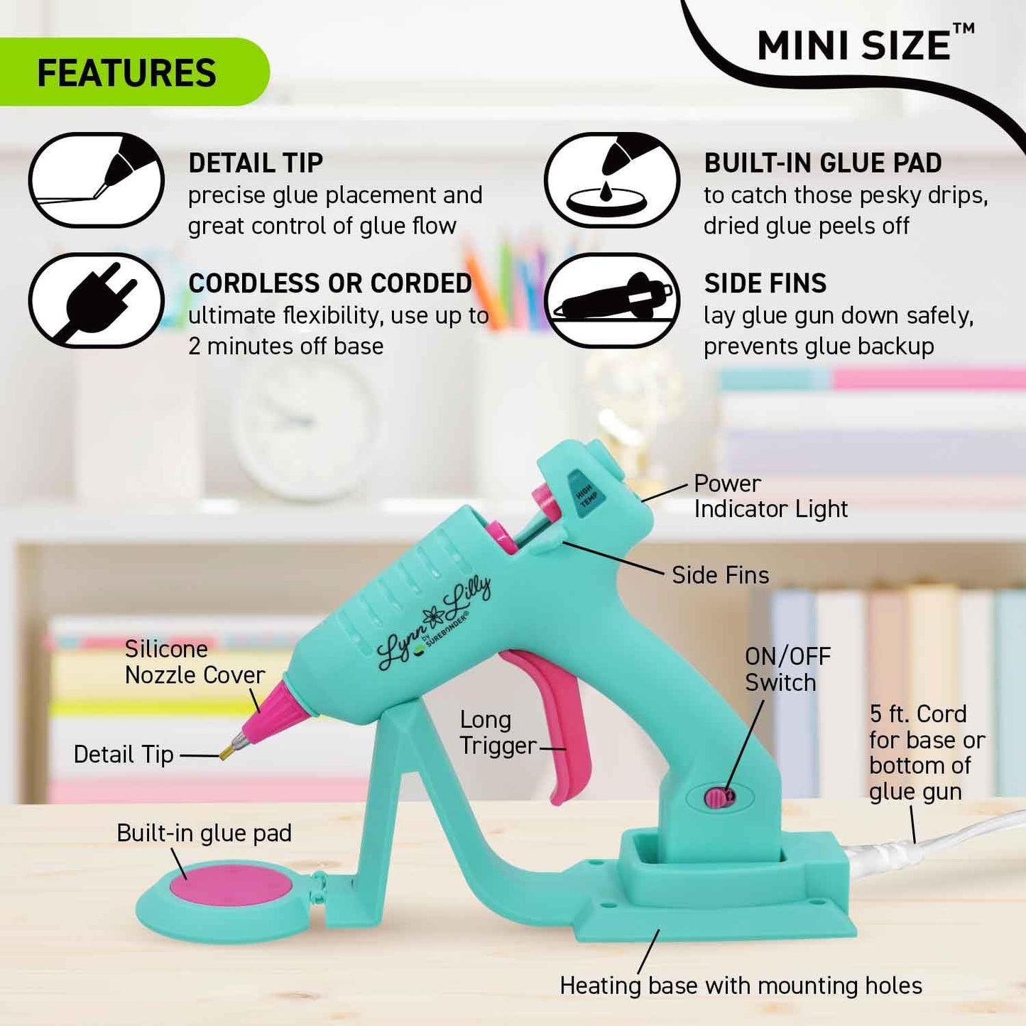Surebonder Lynn Lilly Edition Detail Tip Mini-Size and Full-Size Cordless/Corded Hot Glue Guns with Fabric and All Purpose Hot Glue Sticks and 19" x 19" Pink Silicon Non-Stick Glue Pad Included