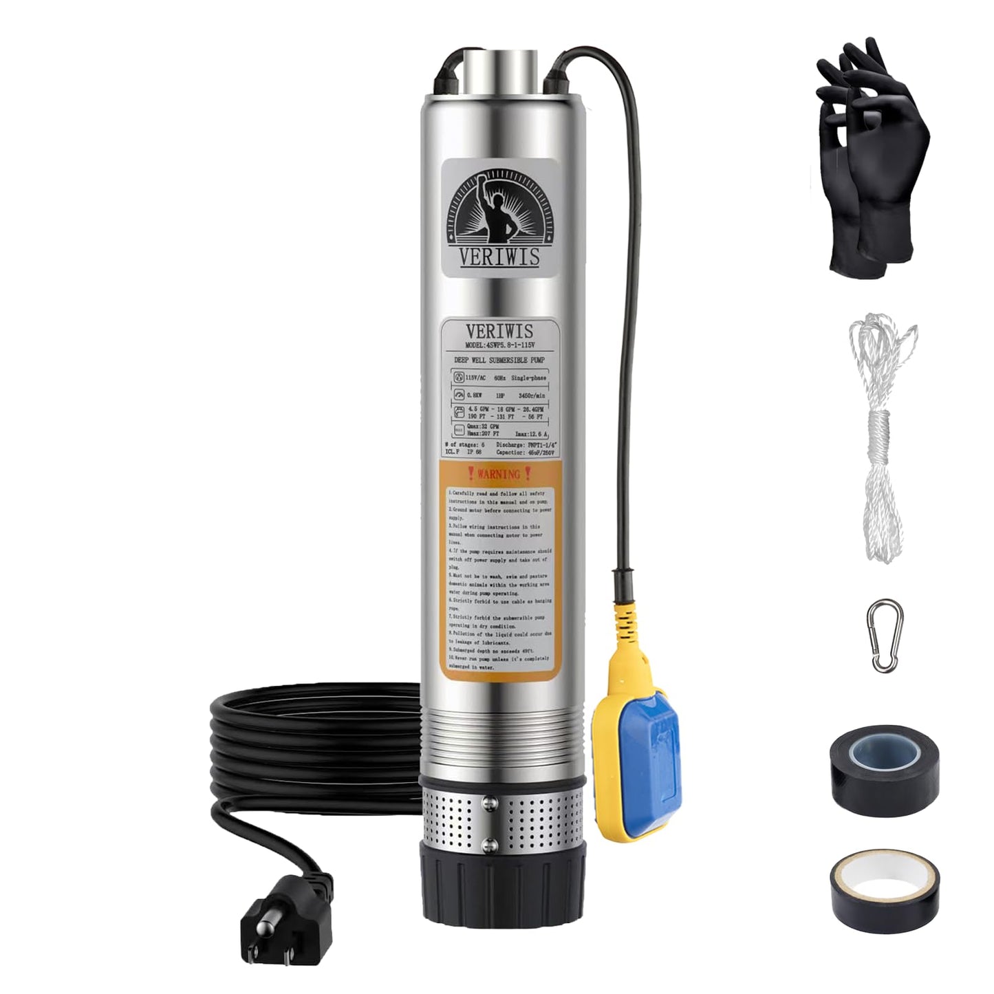 VERIWIS 3/4HP Submersible Septic Tank Pump 4" Stainless Steel Effluent Cistern Pump 32GPM 174FT Head with 33FT UL Cord and Float Switch 115V 60Hz for Home Deep Well, Irrigation, Drainage