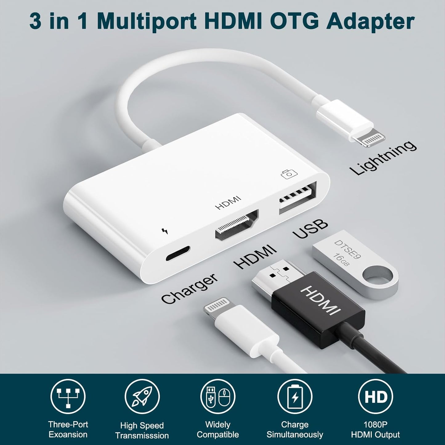 Unitrox 3 1 1080P HDMI Splitter, in USB Camera Adapter with Digital AV HDMI + Charging Splitter, Support USB Flash