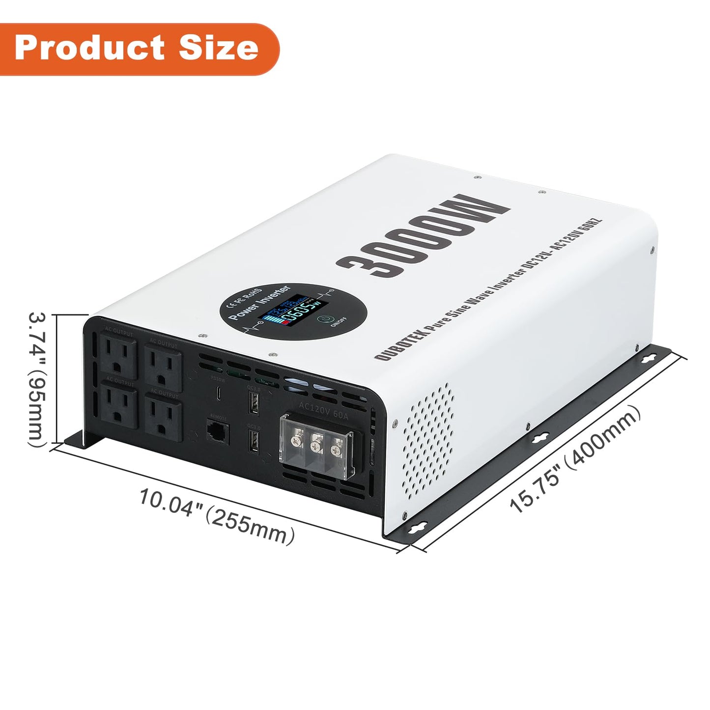 OUBOTEK Power Inverter 3000 Watt Pure Sine Wave DC 12V to AC 120V Car Converter with LCD Display 4 AC Outlets and Hardwire Port for RV,Truck,Home,Off Grid Solar System