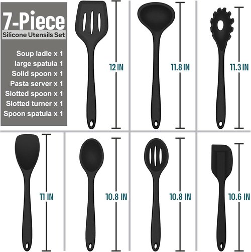 E-far Silicone Cooking Utensils Set - 7-Piece Heat Resistant Nonstick Kitchen Tools | Black, Non-Toxic & Dishwasher Safe