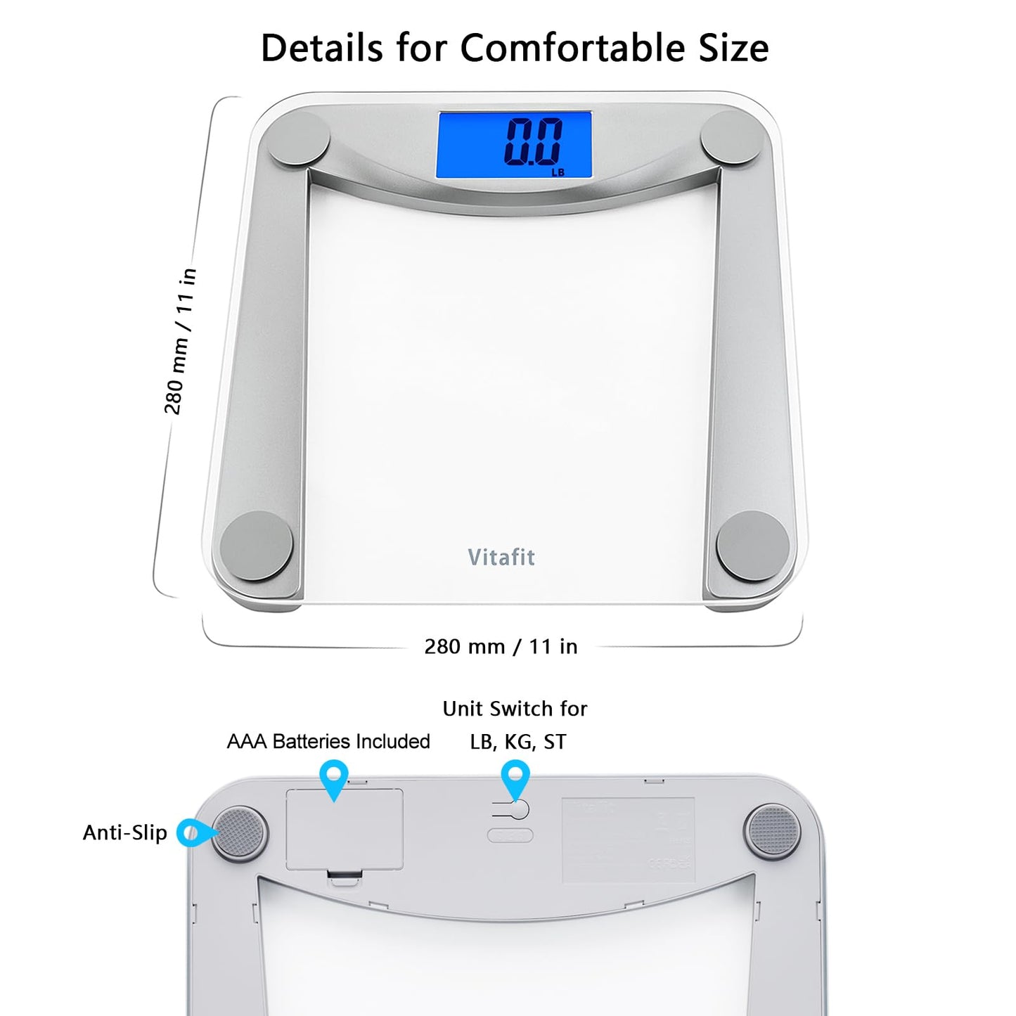Vitafit Digital Bathroom Weight Scale for Body Weight, High Accuracy Assured by Weighing Professional Since 2001,Extra Large Blue Backlit LCD and Step-On, 400lb/182kg, Clear Glass