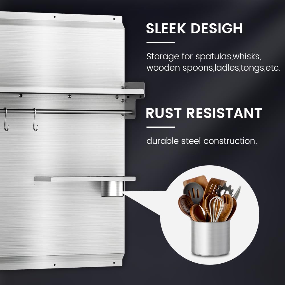 VENFAN 48"x 30" Stainless Steel Backsplash, Range Backsplash with Storage Shelf & Knife Rack, Stainless Steel for Stove Wall Shield with Pre-Drilled Holes