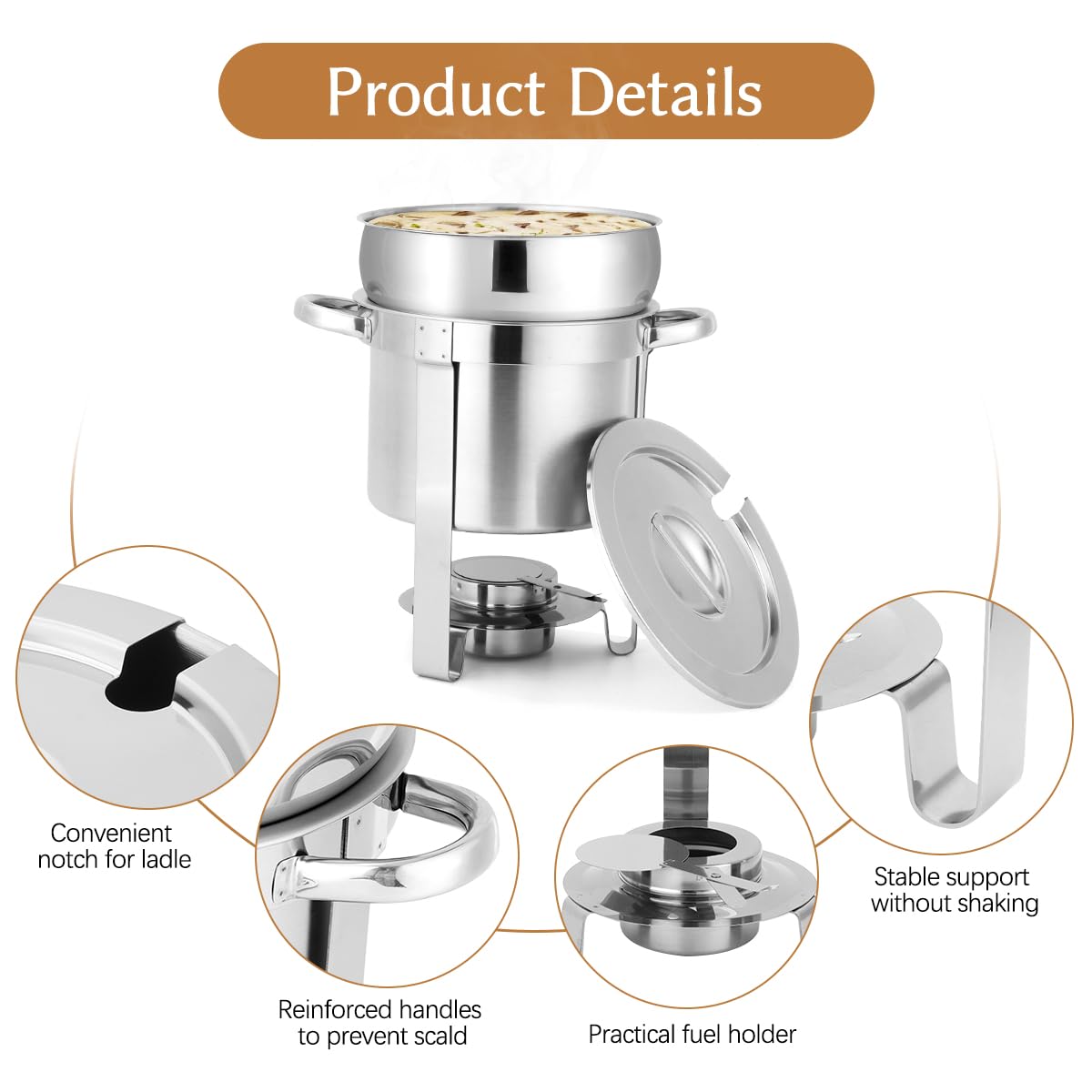 Snowtaros 7QT Soup Chafer, Stainless Steel Round Soup Warmer with Pot Lid & Fuel Holder, Commercial Soup Pot Chafing Dish for Catering, Parties, Banquets, Events, No Electricity Required (2 Pack)