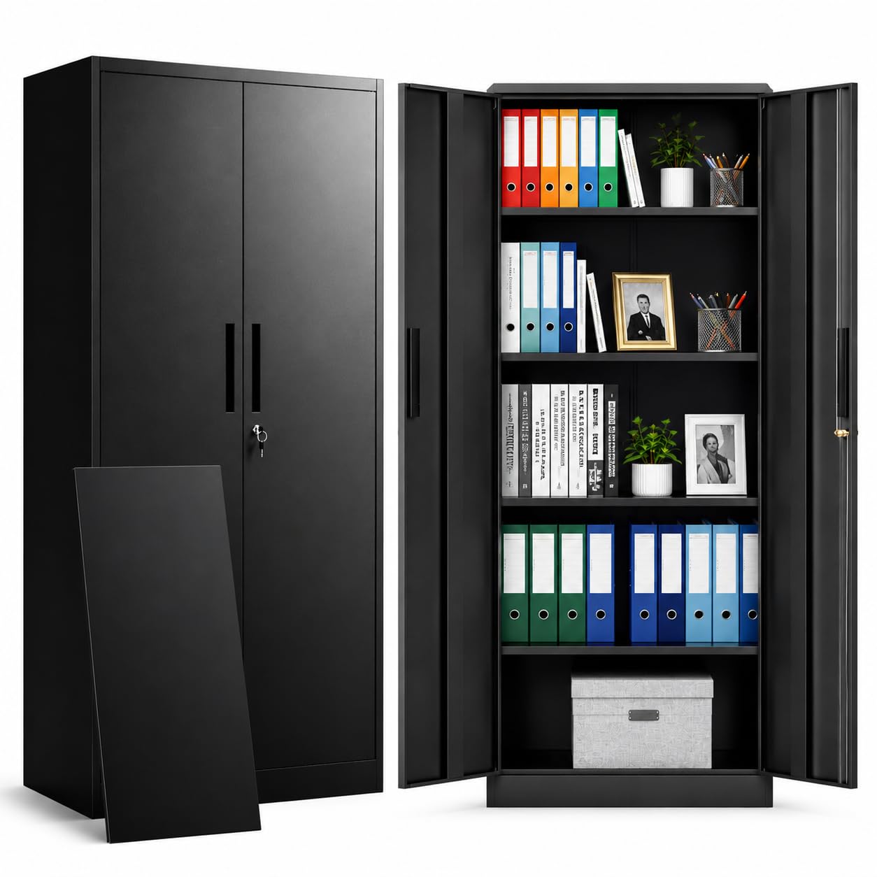 SAWJEC Metal Garage Storage Cabinet with Lock, 71" Tall Heavy Duty Cabinet for Garage Workshop Home Office, Steel Locking Storage with 4 Adjustable Shelves, Black, 15.7" D x 31.5" W x 70.9" H