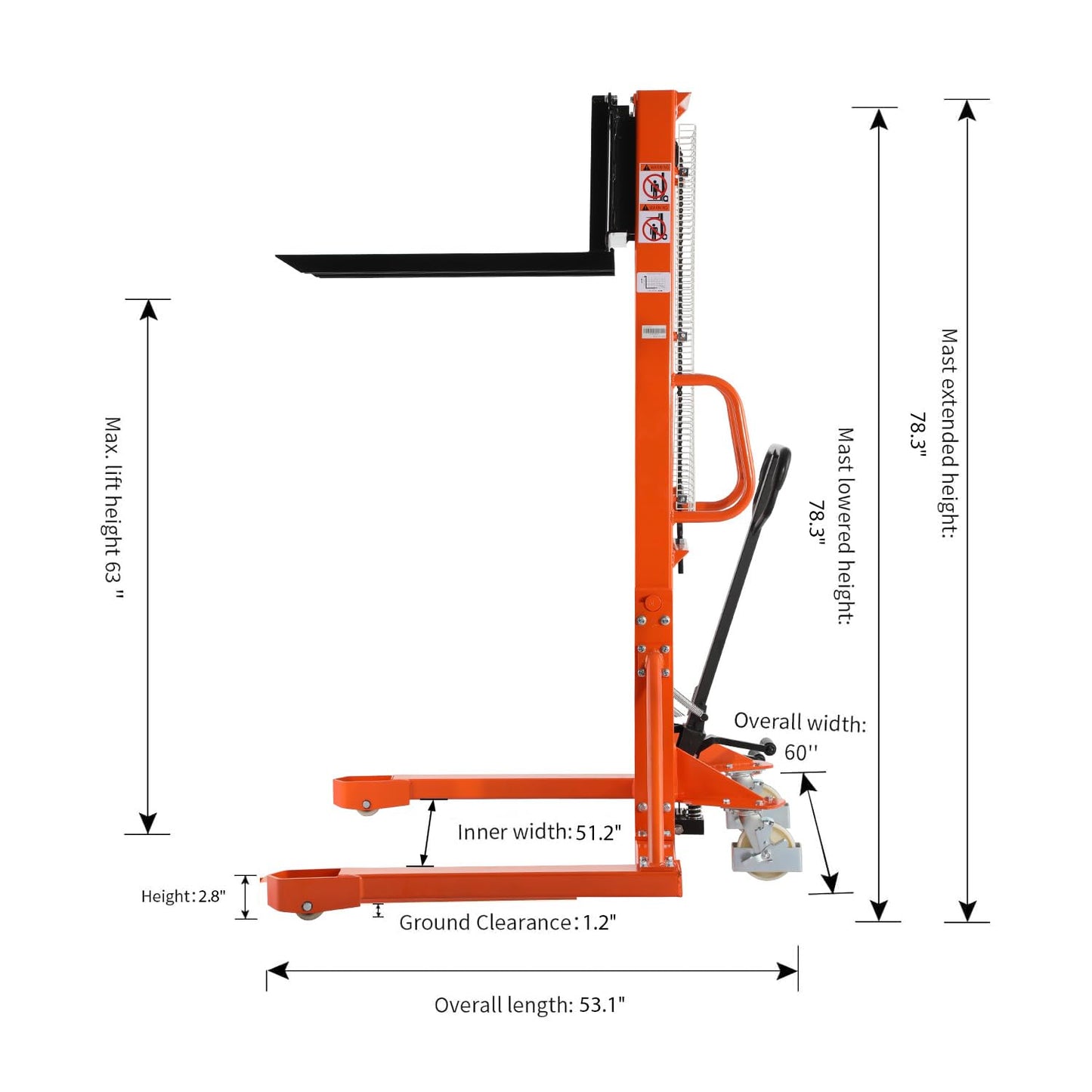Tory Carrier Manual Stacker Material Lift 63” Lifting Height 1100lbs Capacity with Straddle Legs Hydraulic and Adjustable Forks Forklift