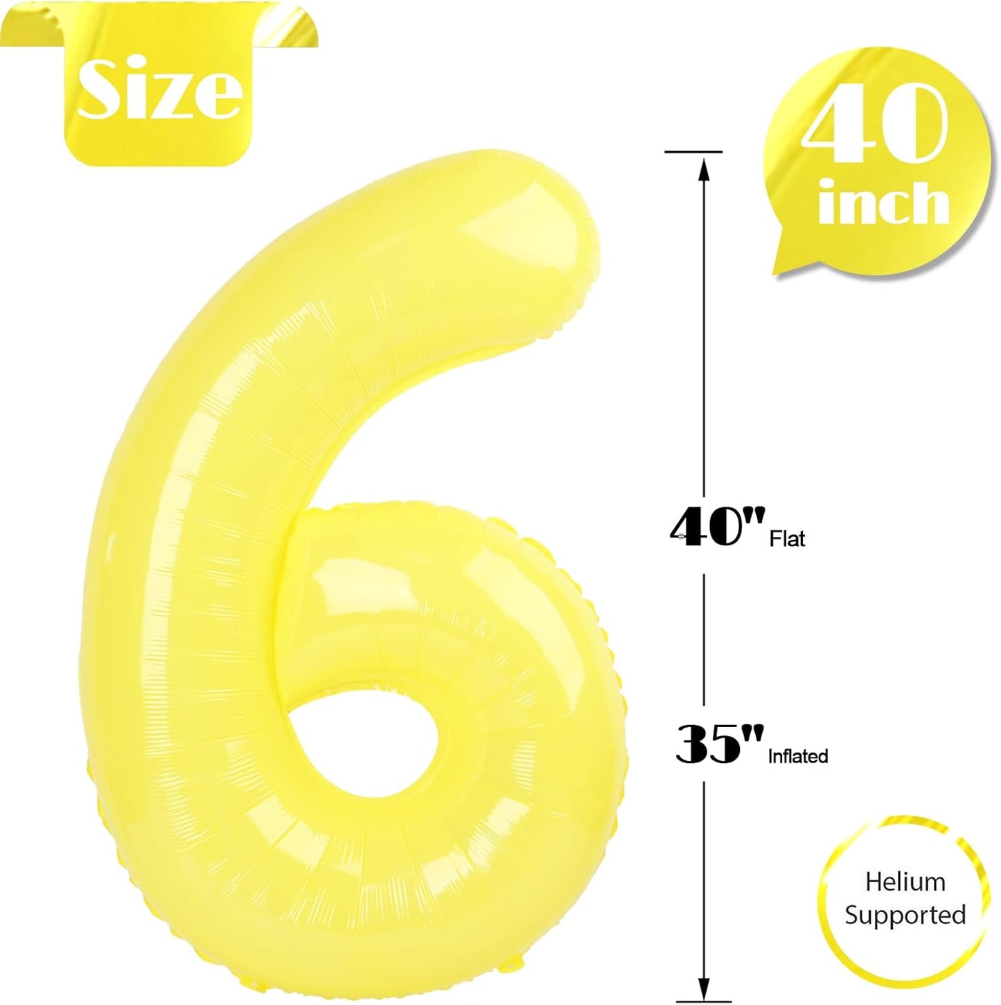 Yellow Number 6 Balloon - 40 Inch Giant Foil Balloon for 6th Birthday Party Decorations
