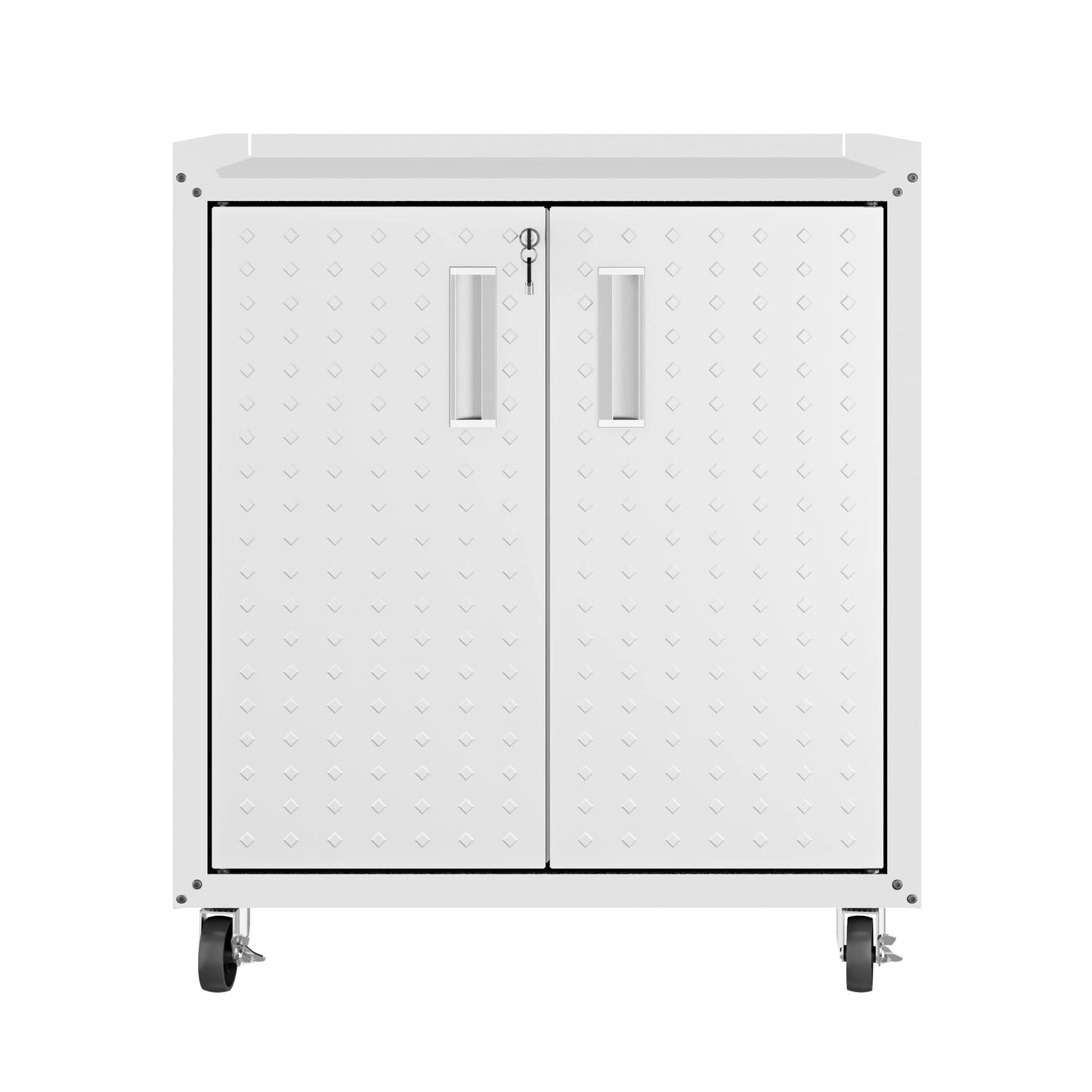 Manhattan Comfort Fortress Rolling Garage Storage Cabinet with 2 Adjustable Shelves, Lockable Metal Tool Compartment, Heavy-Duty Mobile Utility Organizer with Wheels, White