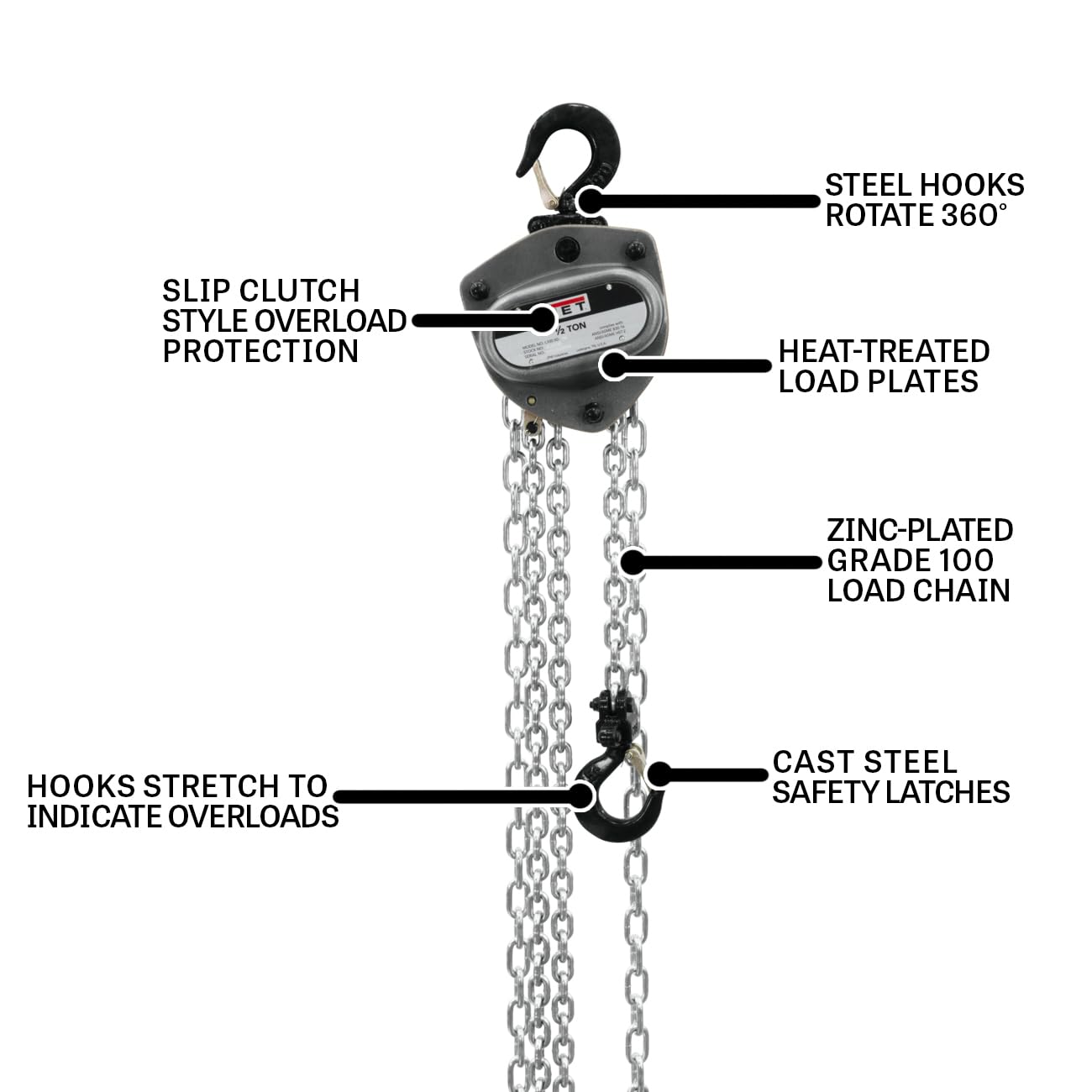 JET 1/2-Ton Hand Chain Hoist, 20' Lift, Overload Protection (L-100-50WO-20)