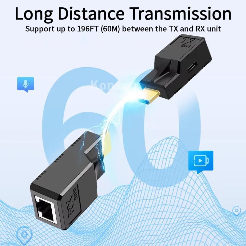 LUKFOCAB 196FT Cat5e/6 1080P@60Hz, RJ45 60M PS3/4, HDMI Extender Over Single Ethernet Cable, Support Audio Video UHD