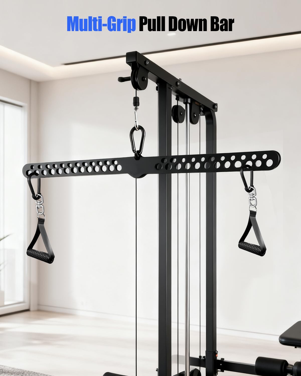 Multi-Grip LAT Pulldown Bar for Home Gym, 2 Extra Handles, Lat Pull Down Attachment with Swivel Bearings & Carabiners for Cable Machine Pulley System, Tricep Pushdown, Back Workout, Strength Training