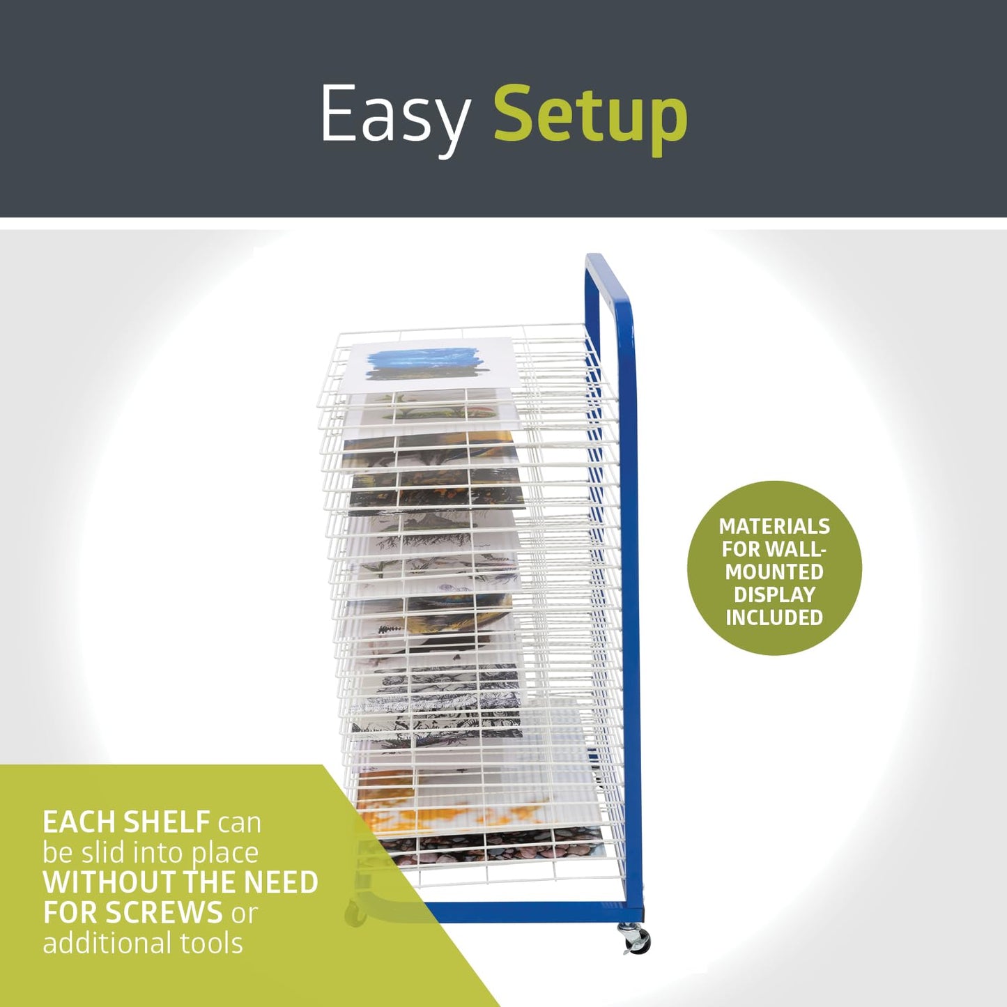 Pearington Mobile 25-Shelf Art Drying Rack for Classrooms and Art Studios, Heavy-Duty Steel Rolling Art Rack Cart with 25 Wide Shelves, Blue