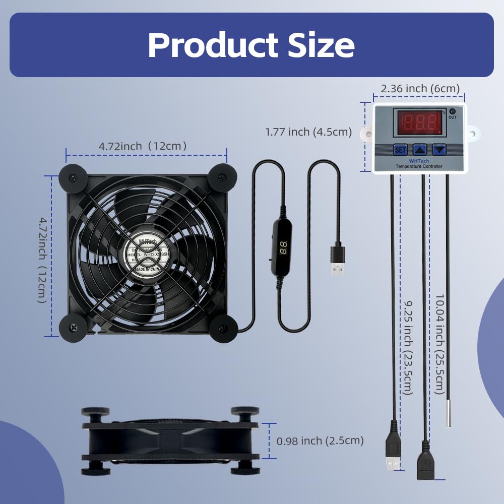 SOTOP 120mm 5V 120mm 25mm, WHTech USB Fan with Temperature Controller & LED Voltage Display Speed Controller, DC x