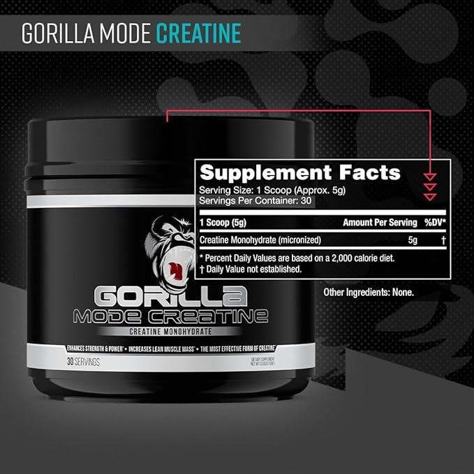 Gorilla Mind Creatine Monohydrate Micronized Powder,Improved Muscle Size, Power Output and Strength, 5 Grams per Servings, 30 Servings
